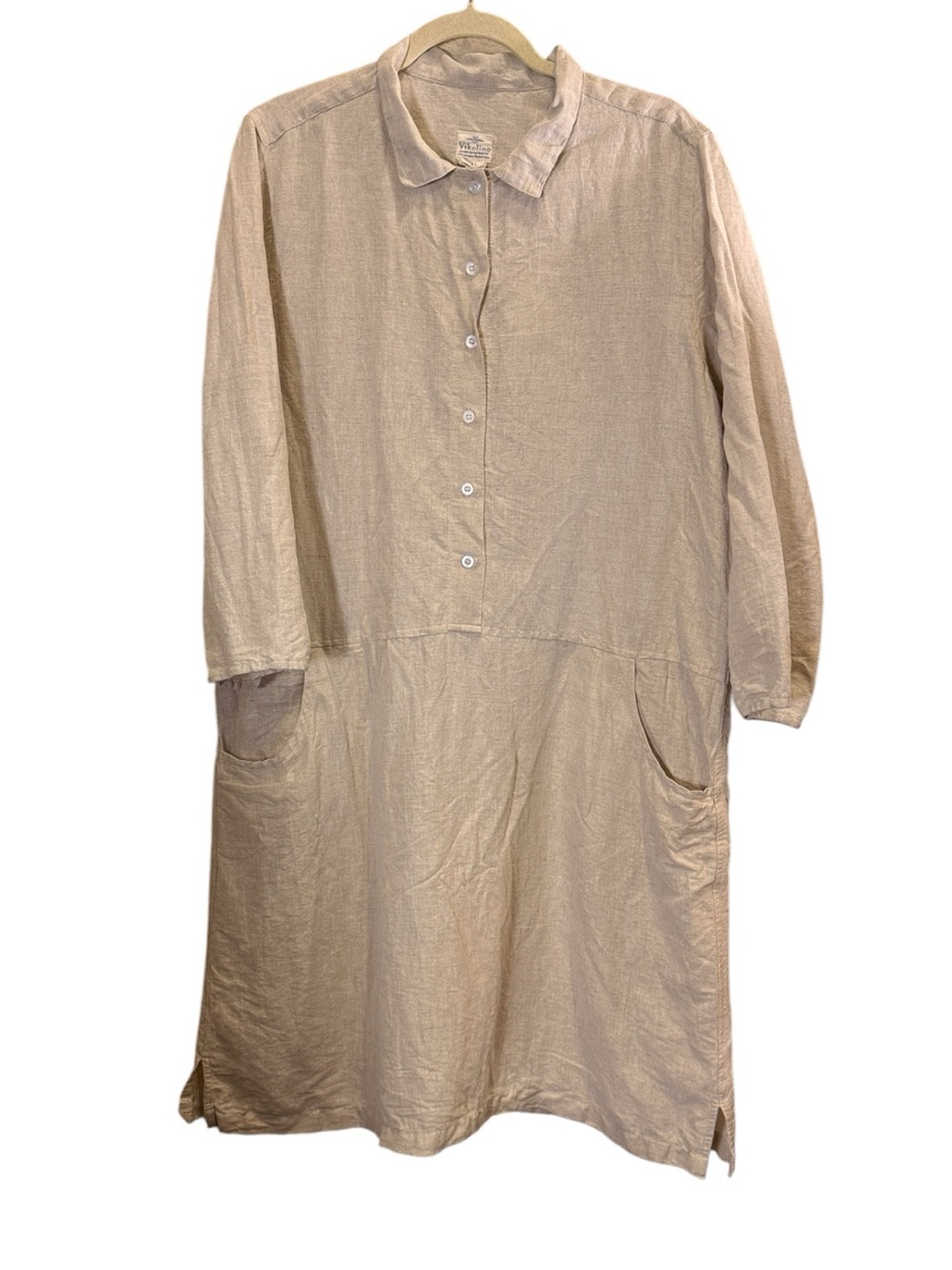 Vikolino Women’s Long-Sleeve Lagenlook Minimalist Linen Midi Dress with Pockets